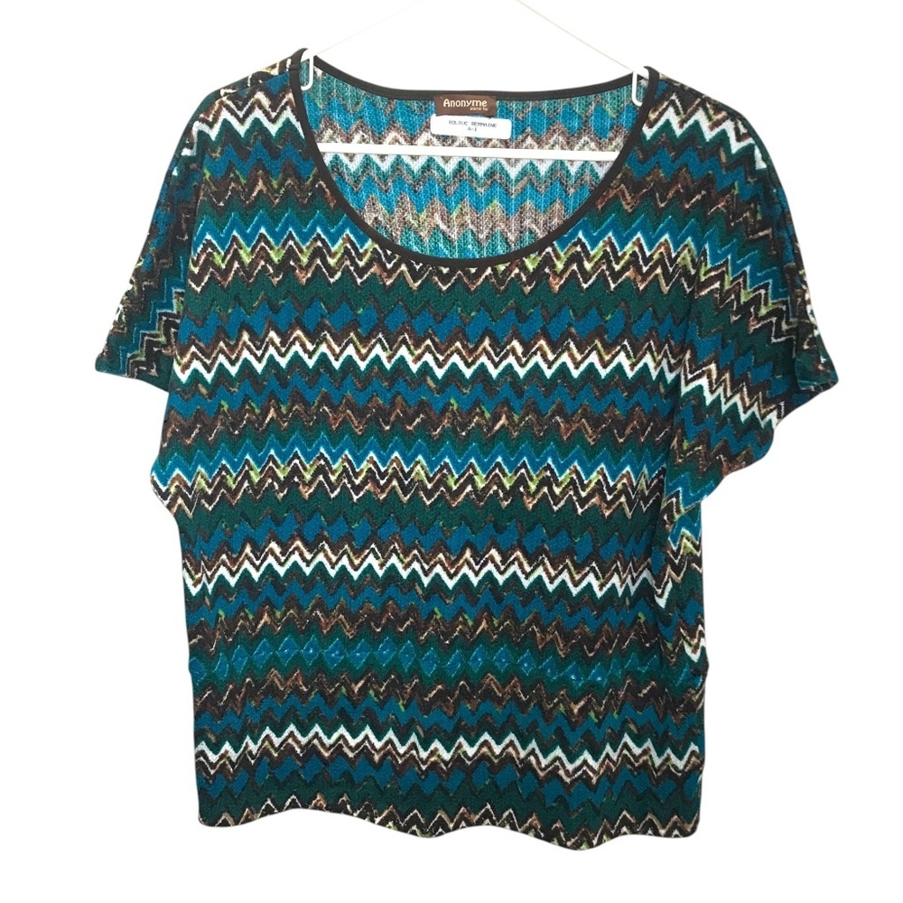 Anonyme Teal Zigzag Knit Top Abstract Print Stretch Blouse